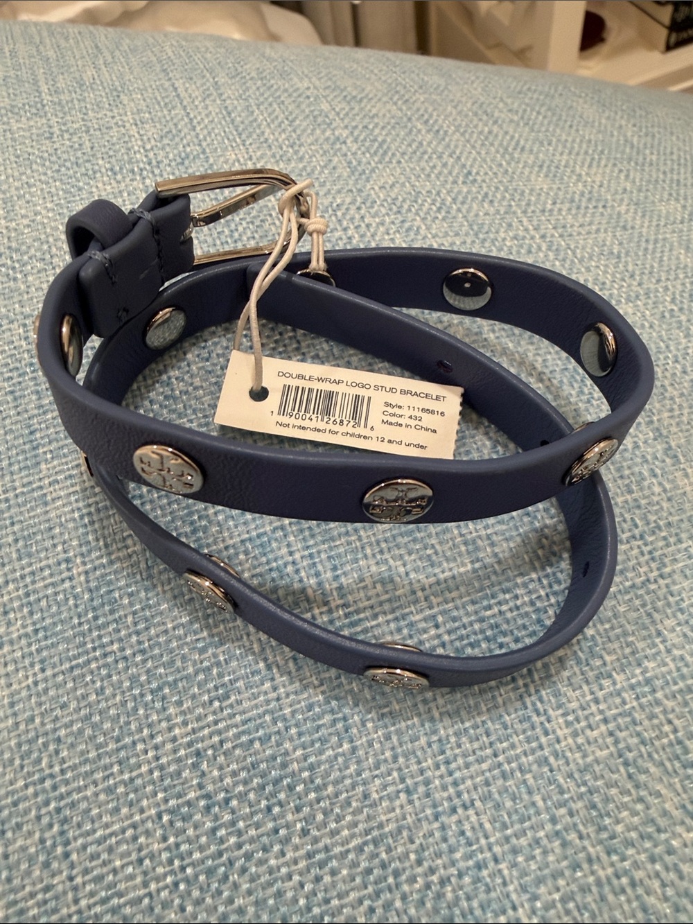 Tory Burch Double-Wrap Logo Stud Bracelet — Slate Blue with Silver Accents